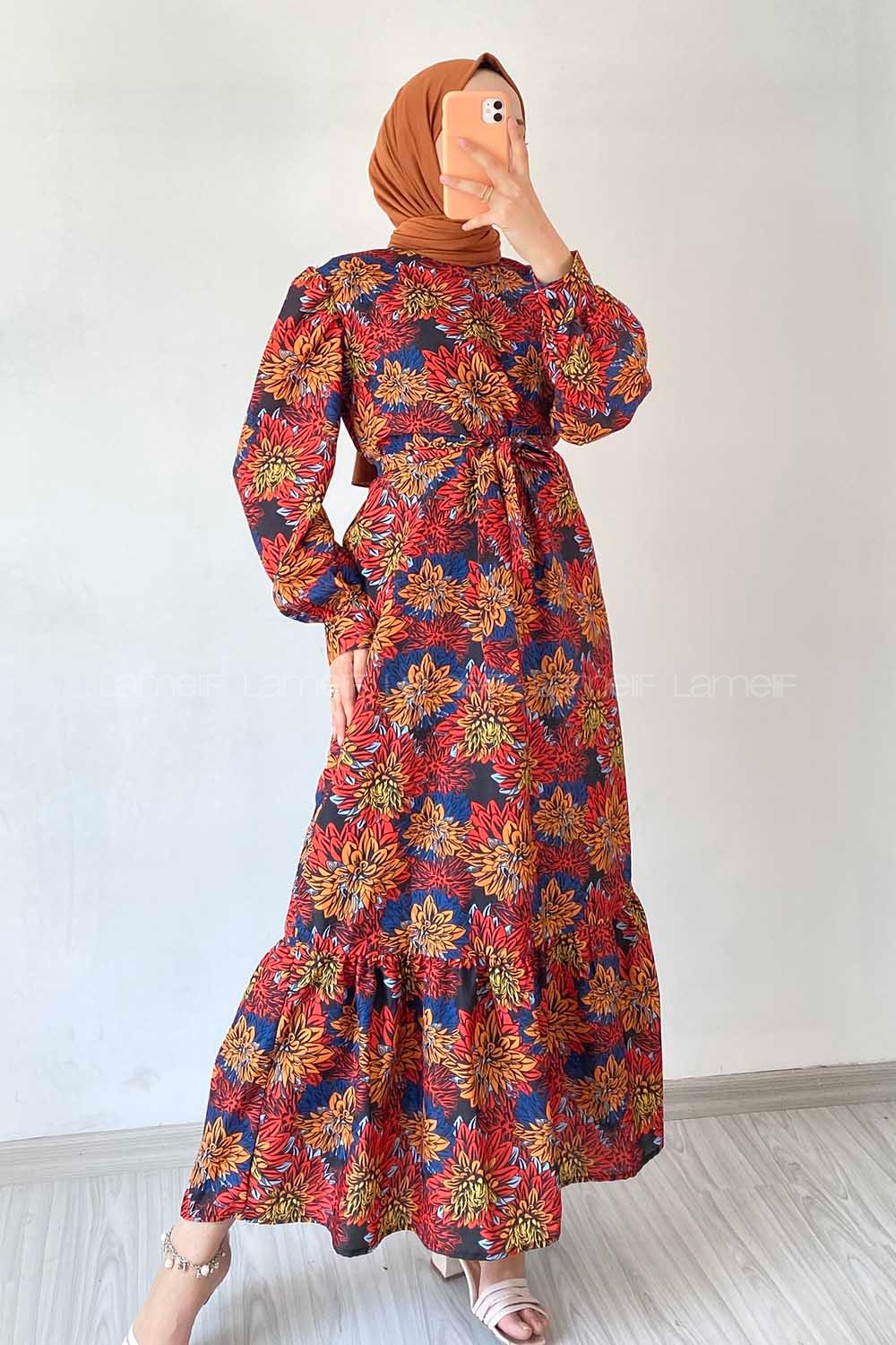 Modalamelif Beli Kuşak Detaylı Çiçek Desen Elbise Kırmızı