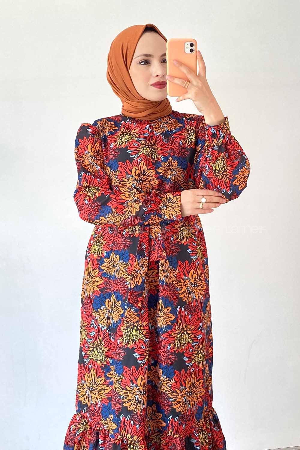 Modalamelif Beli Kuşak Detaylı Çiçek Desen Elbise Kırmızı