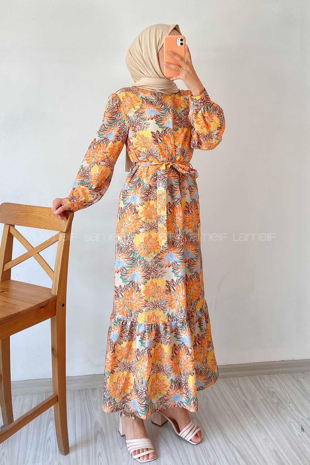 Modalamelif Beli Kuşak Detaylı Çiçek Desen Elbise Oranj