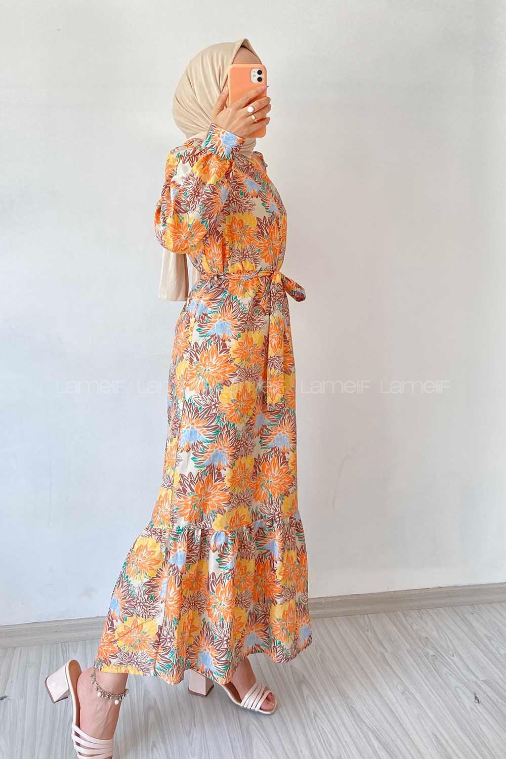 Modalamelif Beli Kuşak Detaylı Çiçek Desen Elbise Oranj