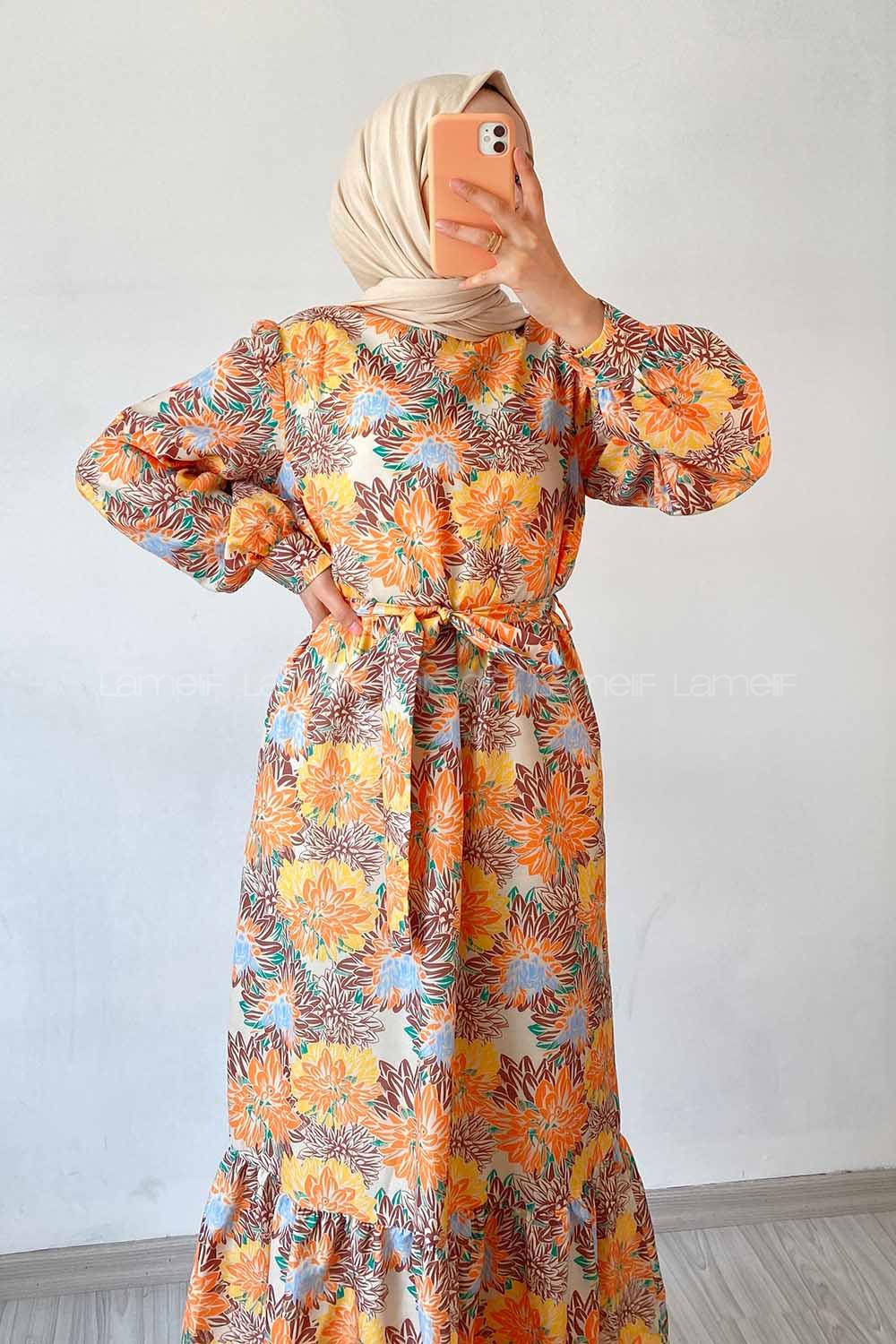 Modalamelif Beli Kuşak Detaylı Çiçek Desen Elbise Oranj