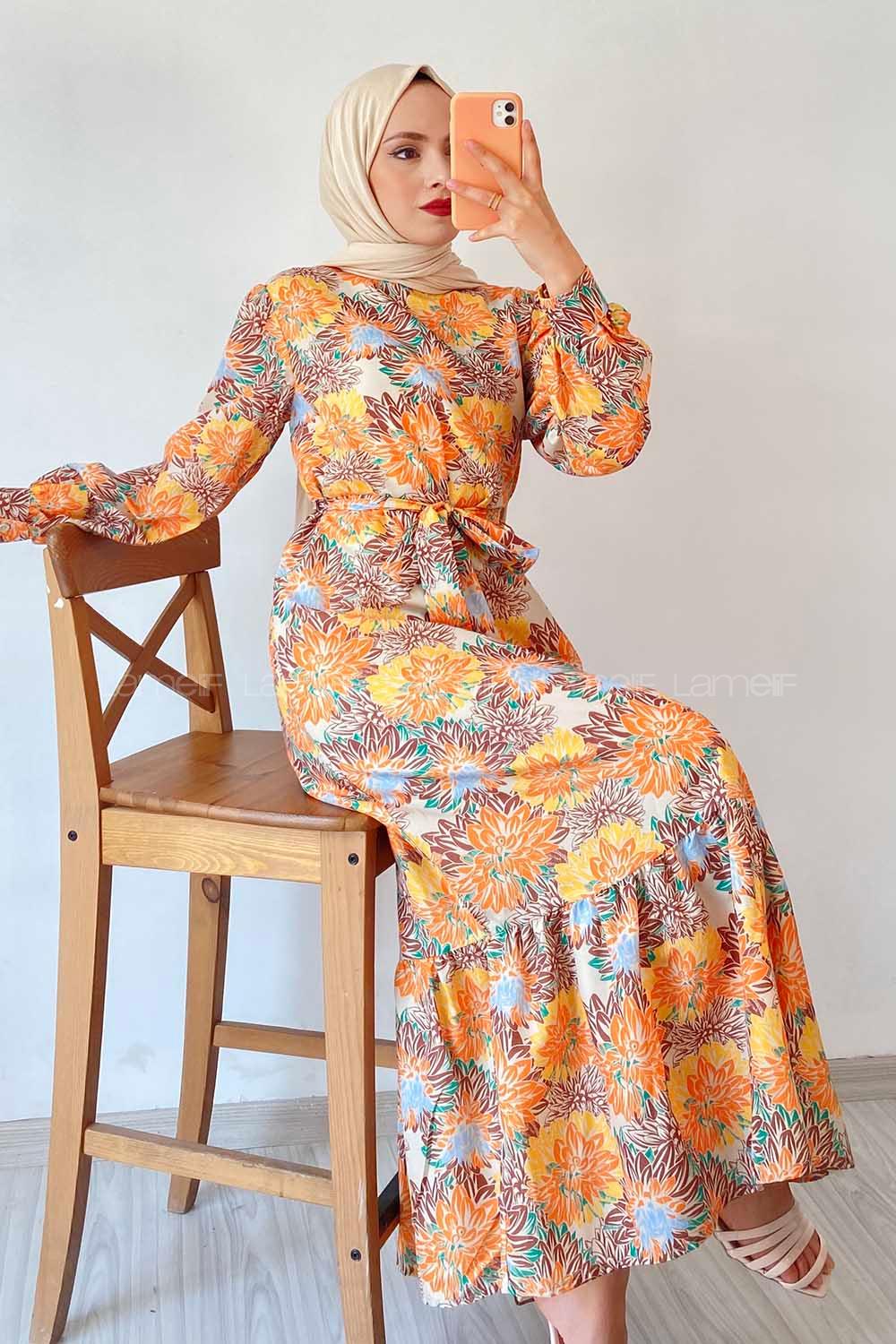 Modalamelif Beli Kuşak Detaylı Çiçek Desen Elbise Oranj