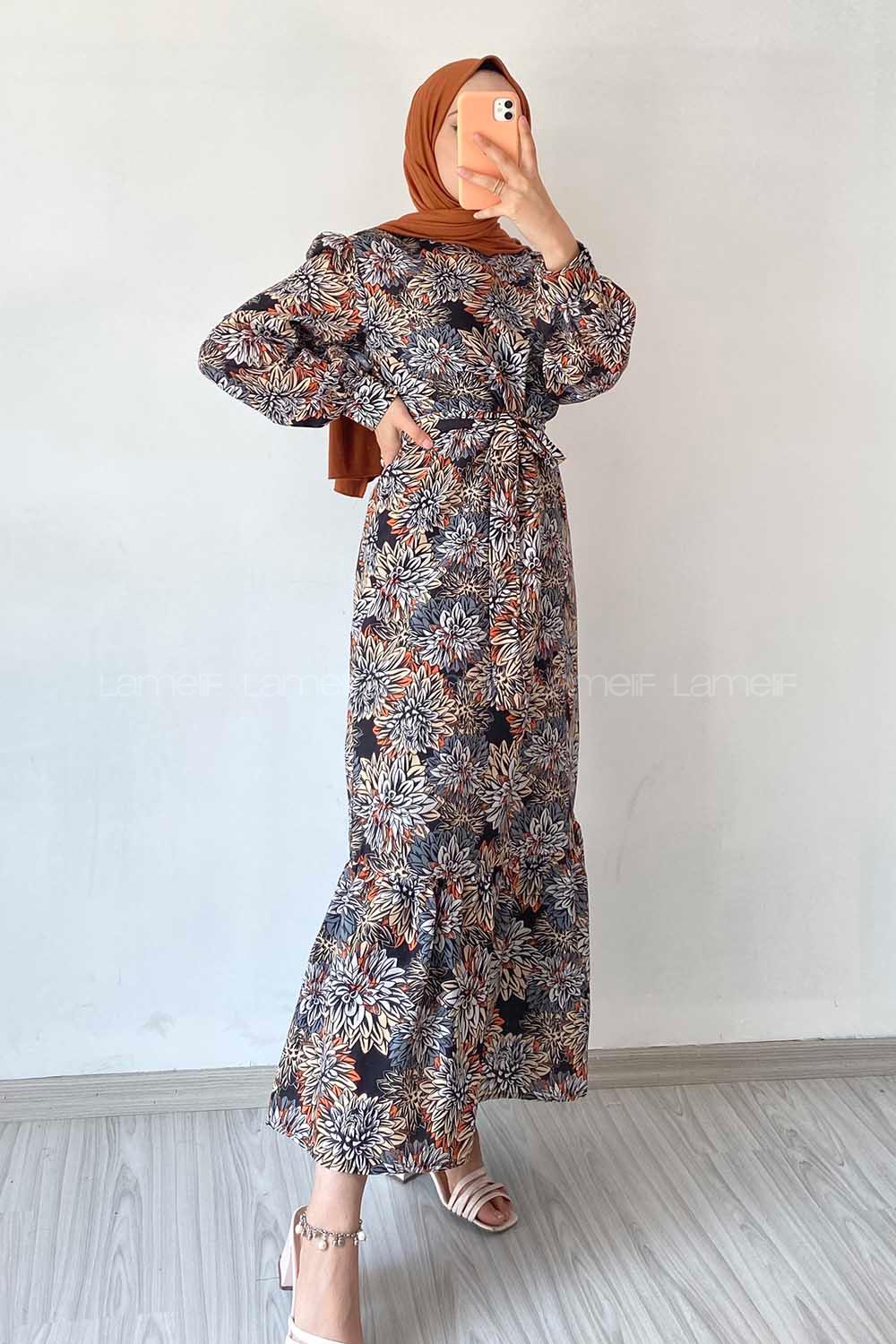 Modalamelif Beli Kuşak Detaylı Çiçek Desen Elbise Siyah