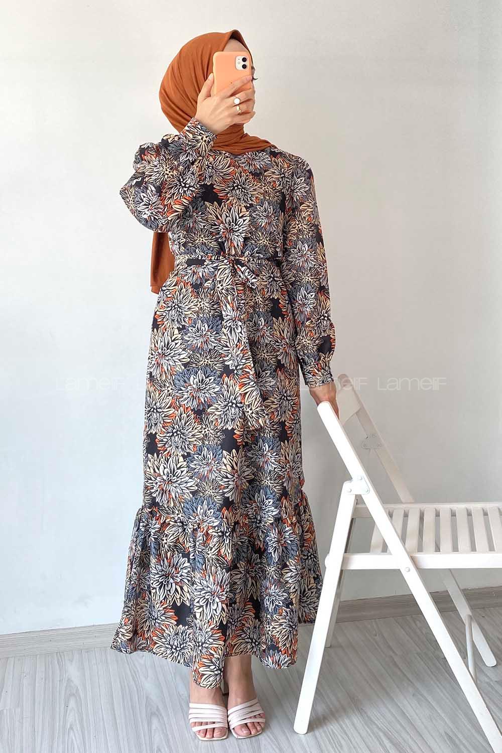 Modalamelif Beli Kuşak Detaylı Çiçek Desen Elbise Siyah