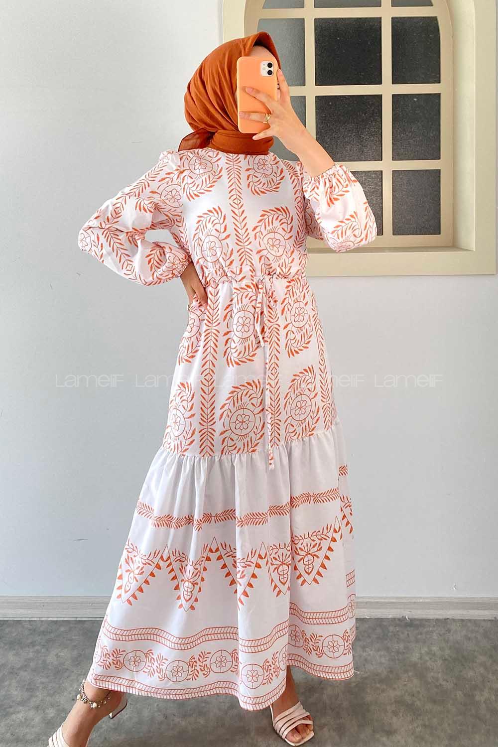 Modalamelif Beli Kuşaklı Nakış Detaylı Elbise Oranj