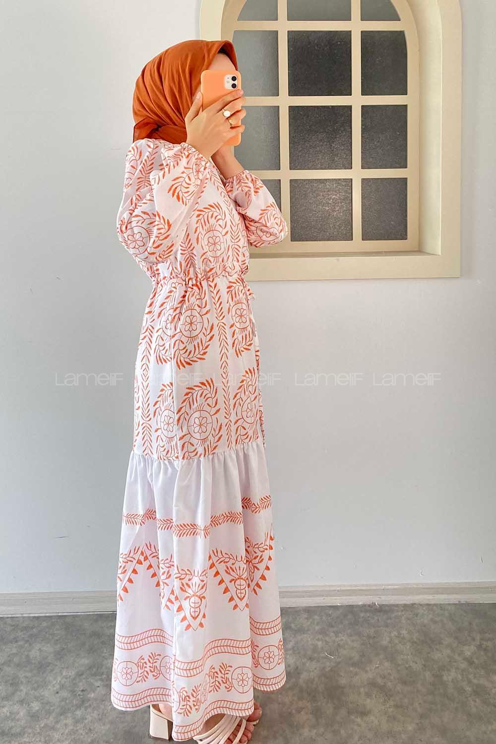 Modalamelif Beli Kuşaklı Nakış Detaylı Elbise Oranj