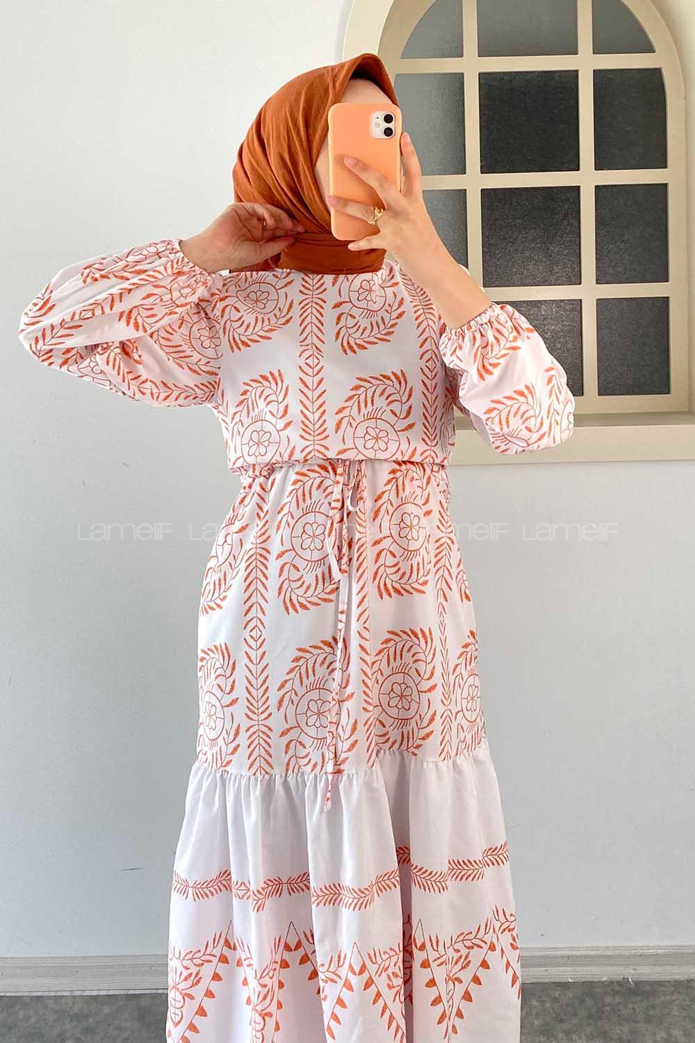 Modalamelif Beli Kuşaklı Nakış Detaylı Elbise Oranj