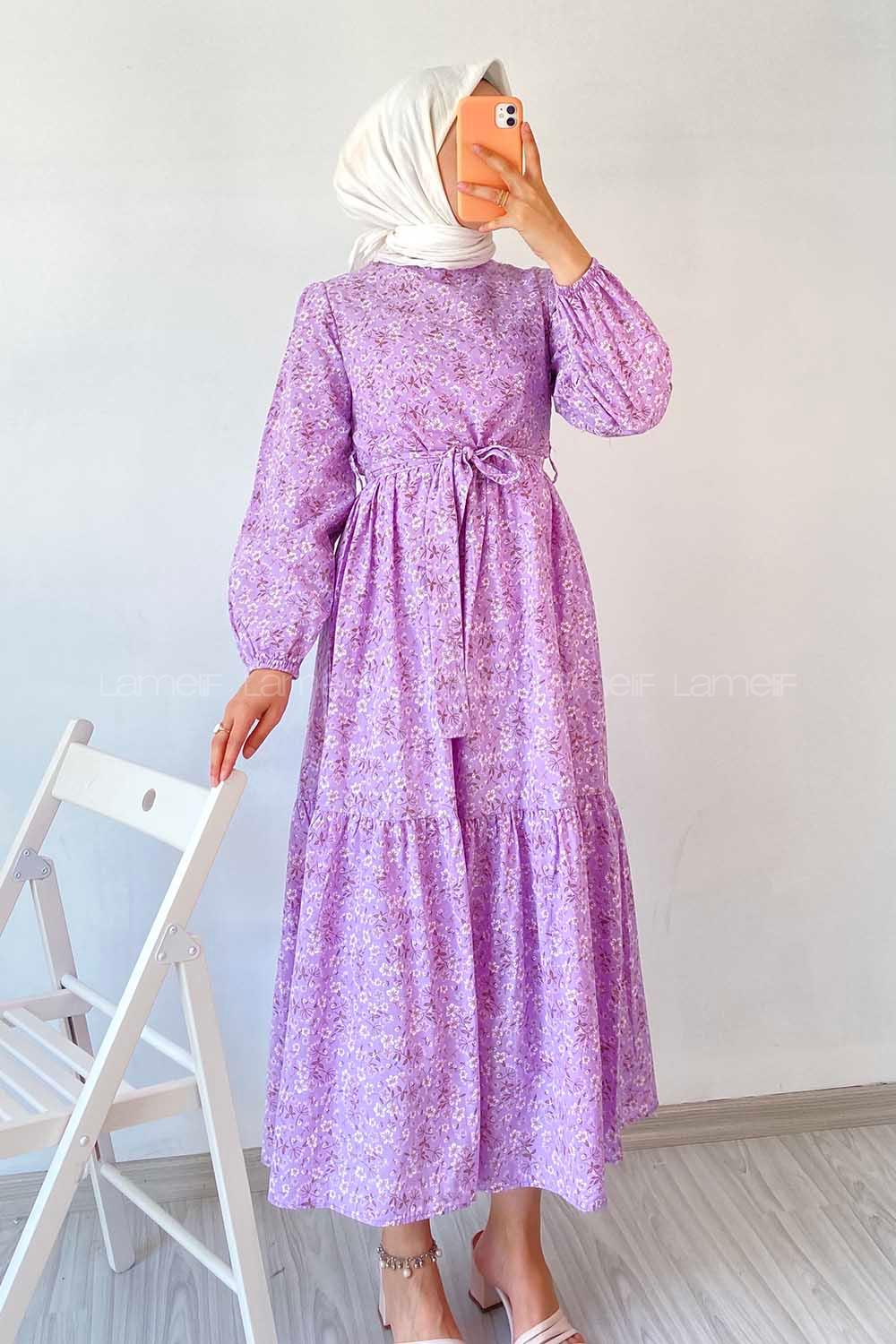 Modalamelif Beli Tunelli Papatya Desen Elbise Lila