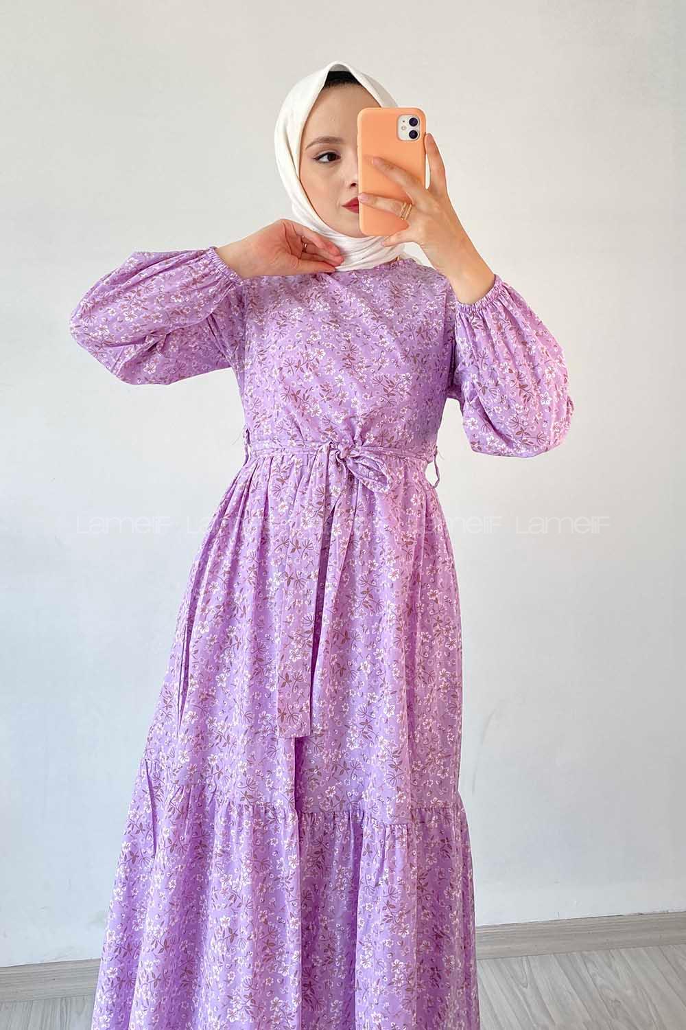 Modalamelif Beli Tunelli Papatya Desen Elbise Lila