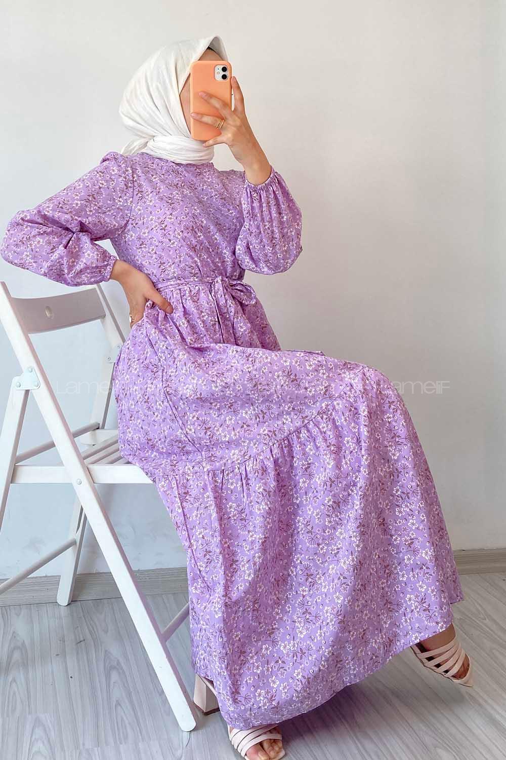 Modalamelif Beli Tunelli Papatya Desen Elbise Lila