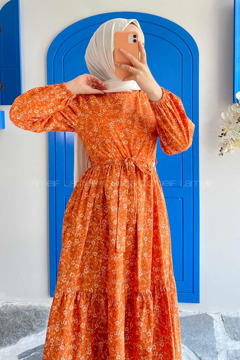 Modalamelif Beli Tunelli Papatya Desen Elbise Oranj