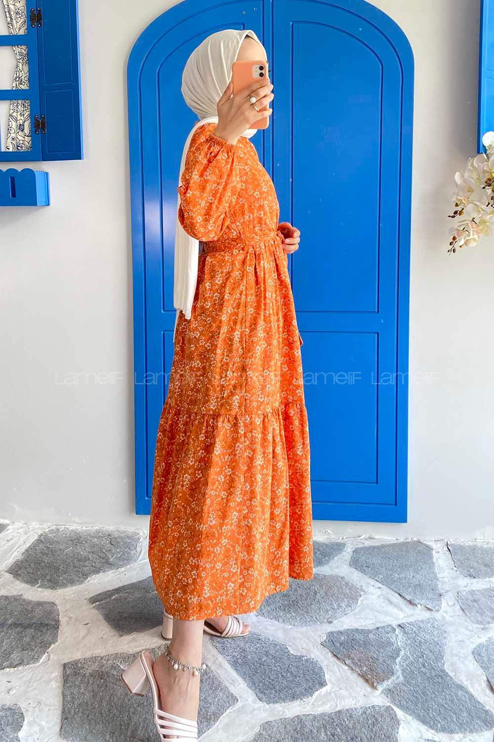 Modalamelif Beli Tunelli Papatya Desen Elbise Oranj