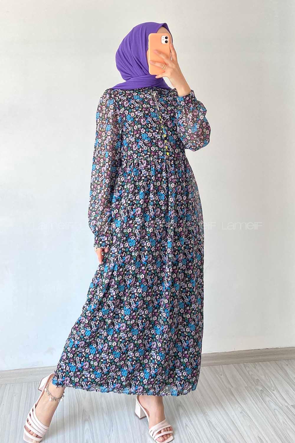 Modalamelif Neon Düğmeli Çiçek Modelli Şifon Elbise Mavi