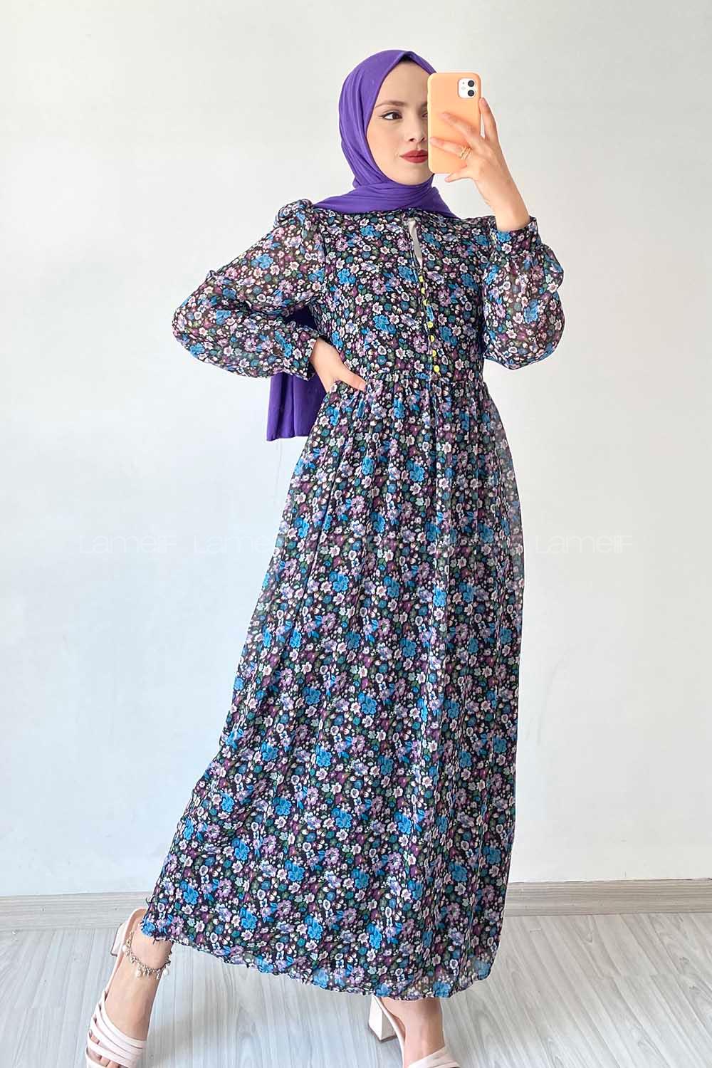 Modalamelif Neon Düğmeli Çiçek Modelli Şifon Elbise Mavi