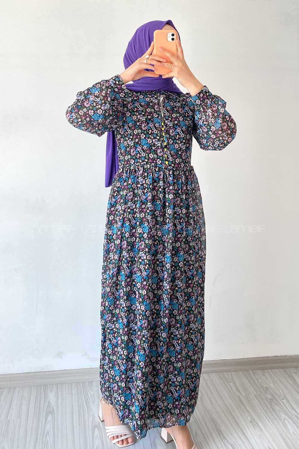 Modalamelif Neon Düğmeli Çiçek Modelli Şifon Elbise Mavi