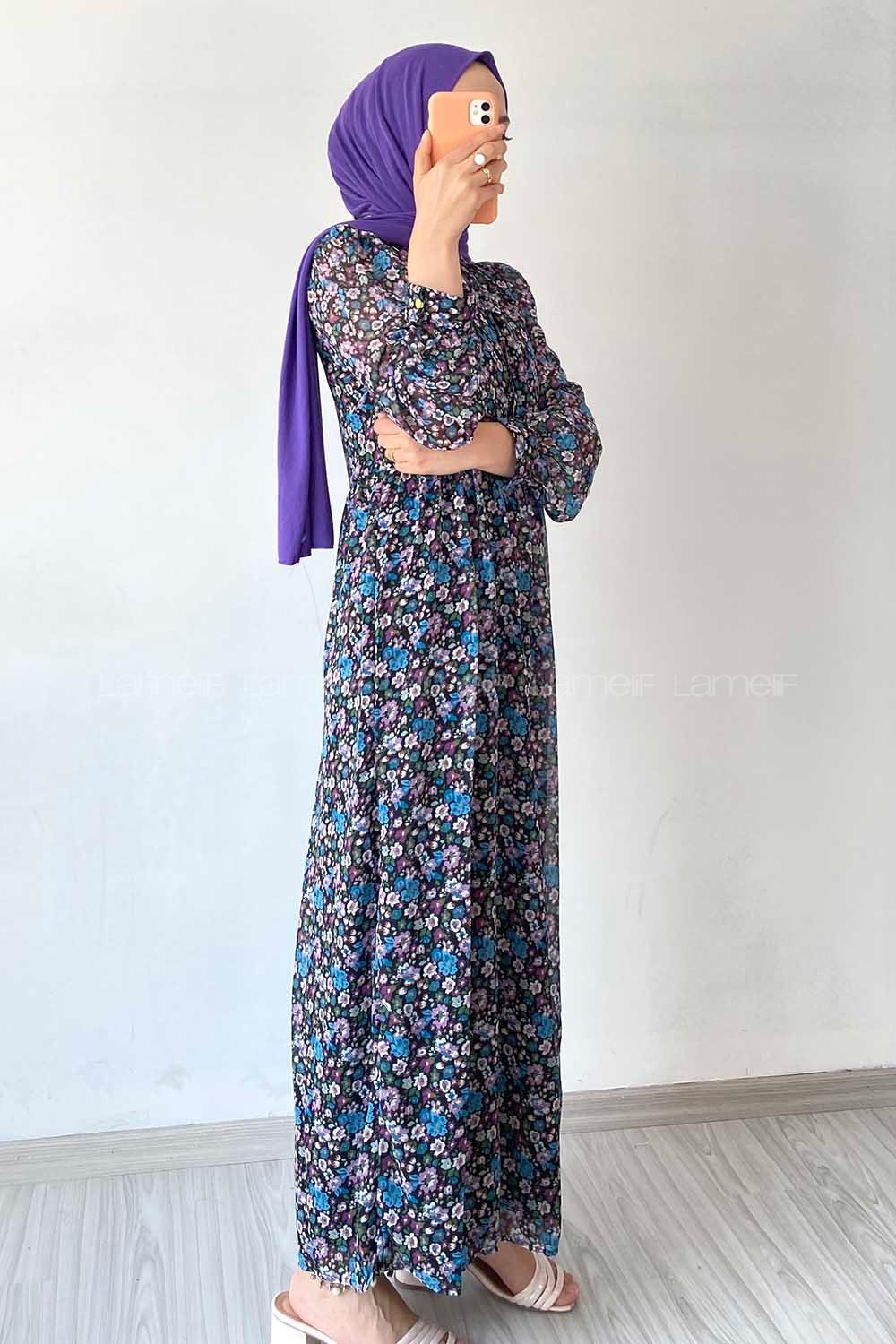 Modalamelif Neon Düğmeli Çiçek Modelli Şifon Elbise Mavi