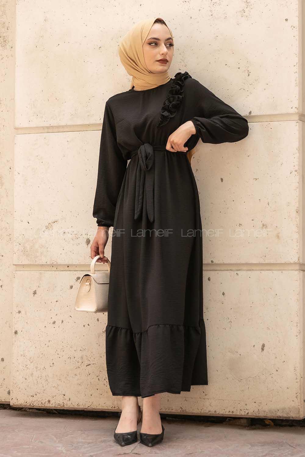 Modalamelif Omuz Fırfırlı Kuşaklı Elbise Siyah