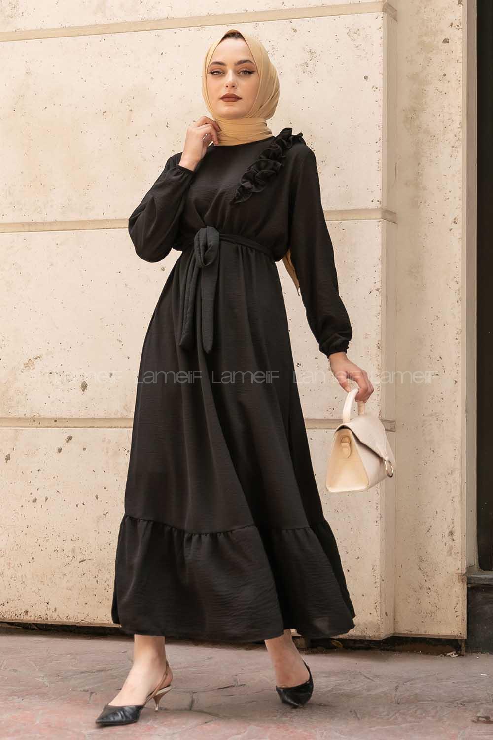 Modalamelif Omuz Fırfırlı Kuşaklı Elbise Siyah