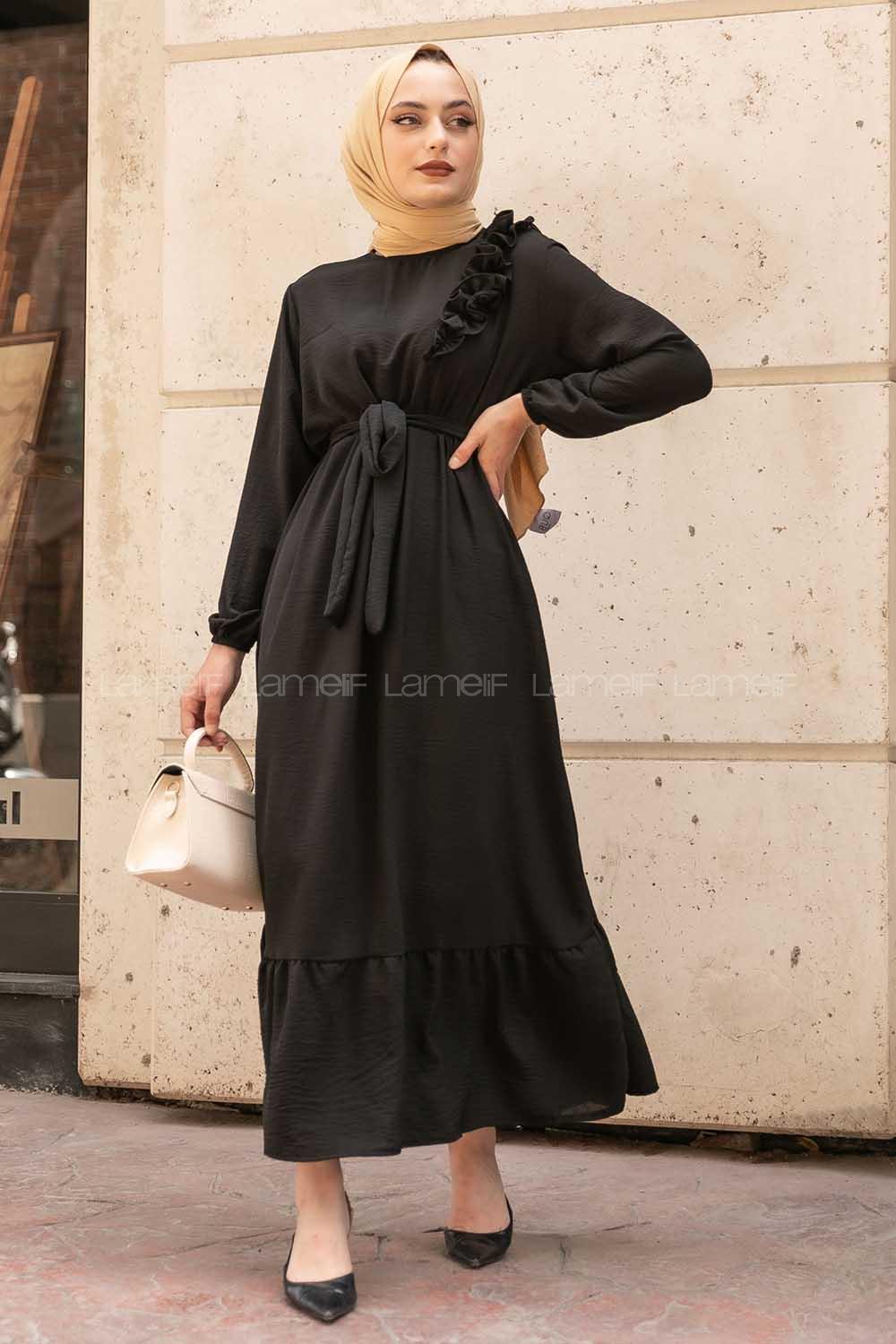Modalamelif Omuz Fırfırlı Kuşaklı Elbise Siyah