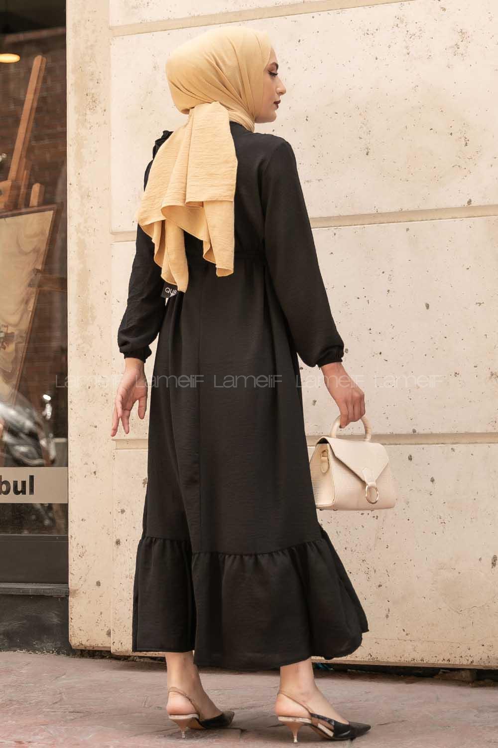 Modalamelif Omuz Fırfırlı Kuşaklı Elbise Siyah