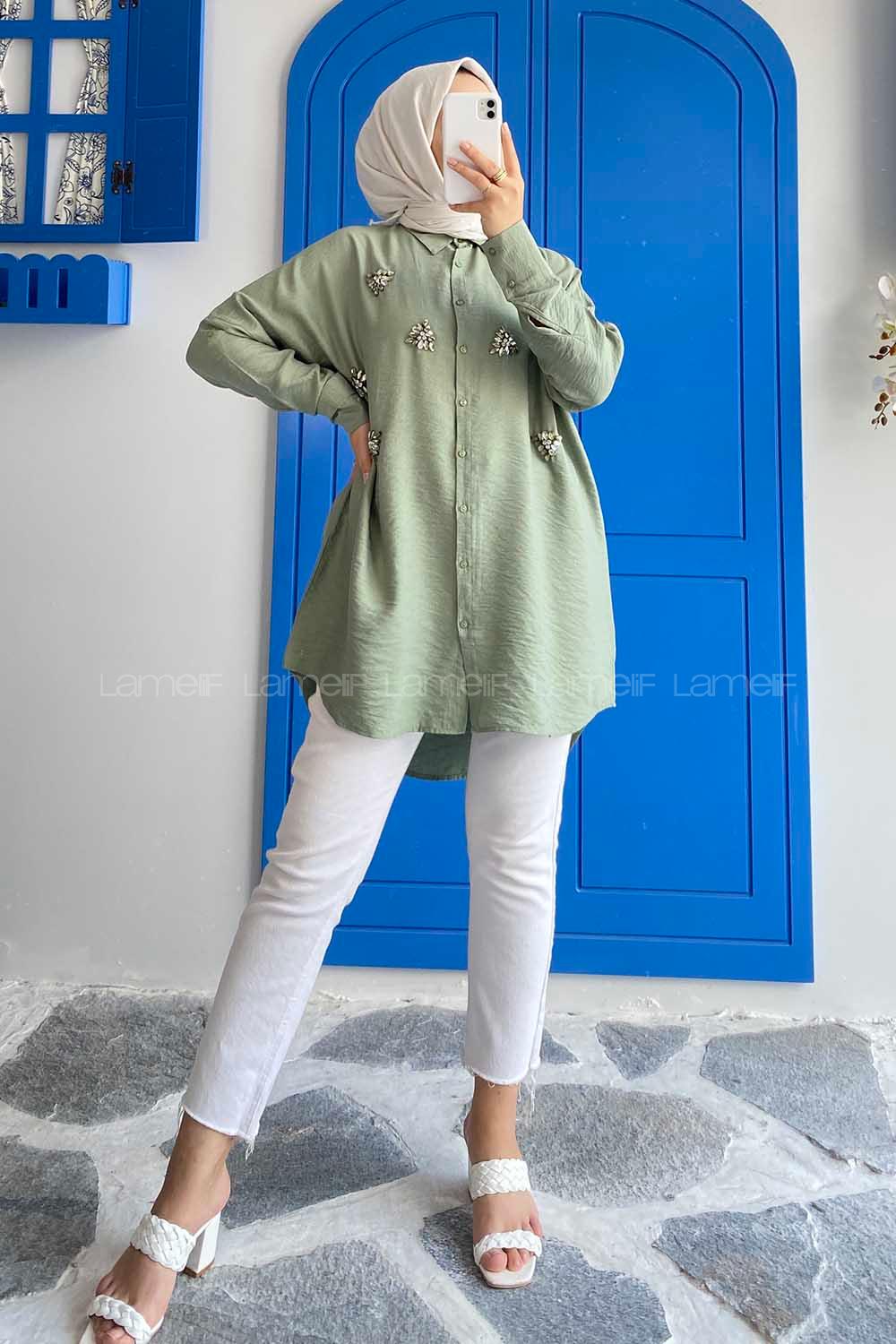 Modalamelif Önü Boydan Düğmeli Taş Detaylı Gömlek Çağla Yeşili