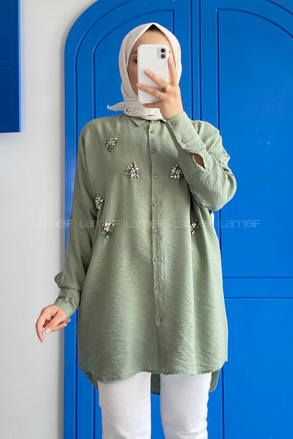 Modalamelif Önü Boydan Düğmeli Taş Detaylı Gömlek Çağla Yeşili