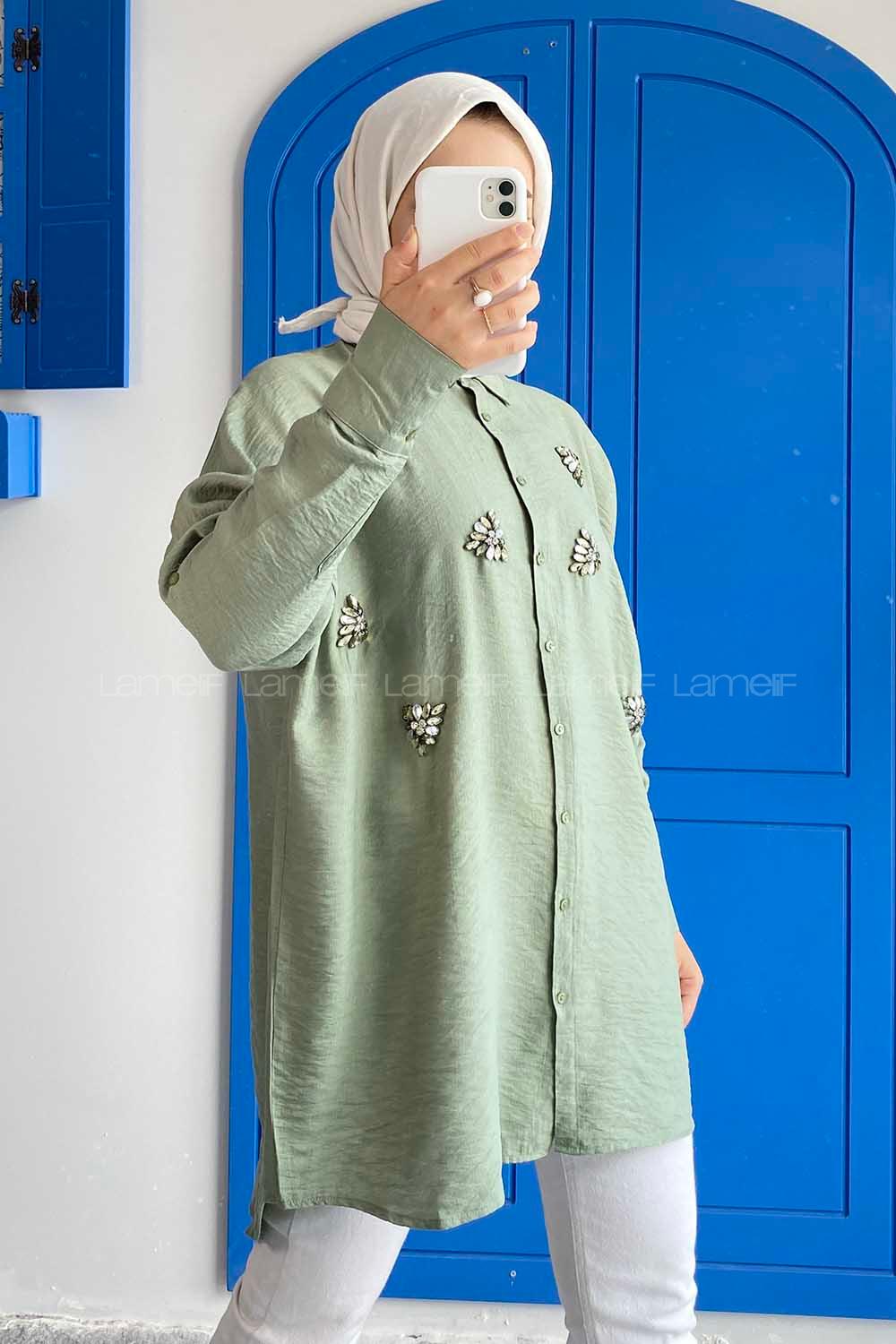 Modalamelif Önü Boydan Düğmeli Taş Detaylı Gömlek Çağla Yeşili