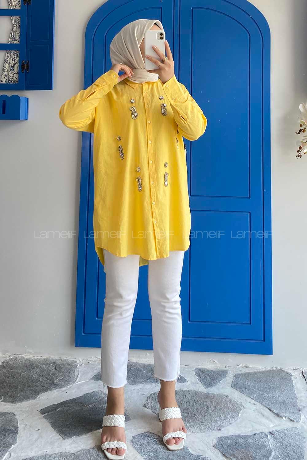 Modalamelif Önü Boydan Düğmeli Taş Detaylı Gömlek Sarı