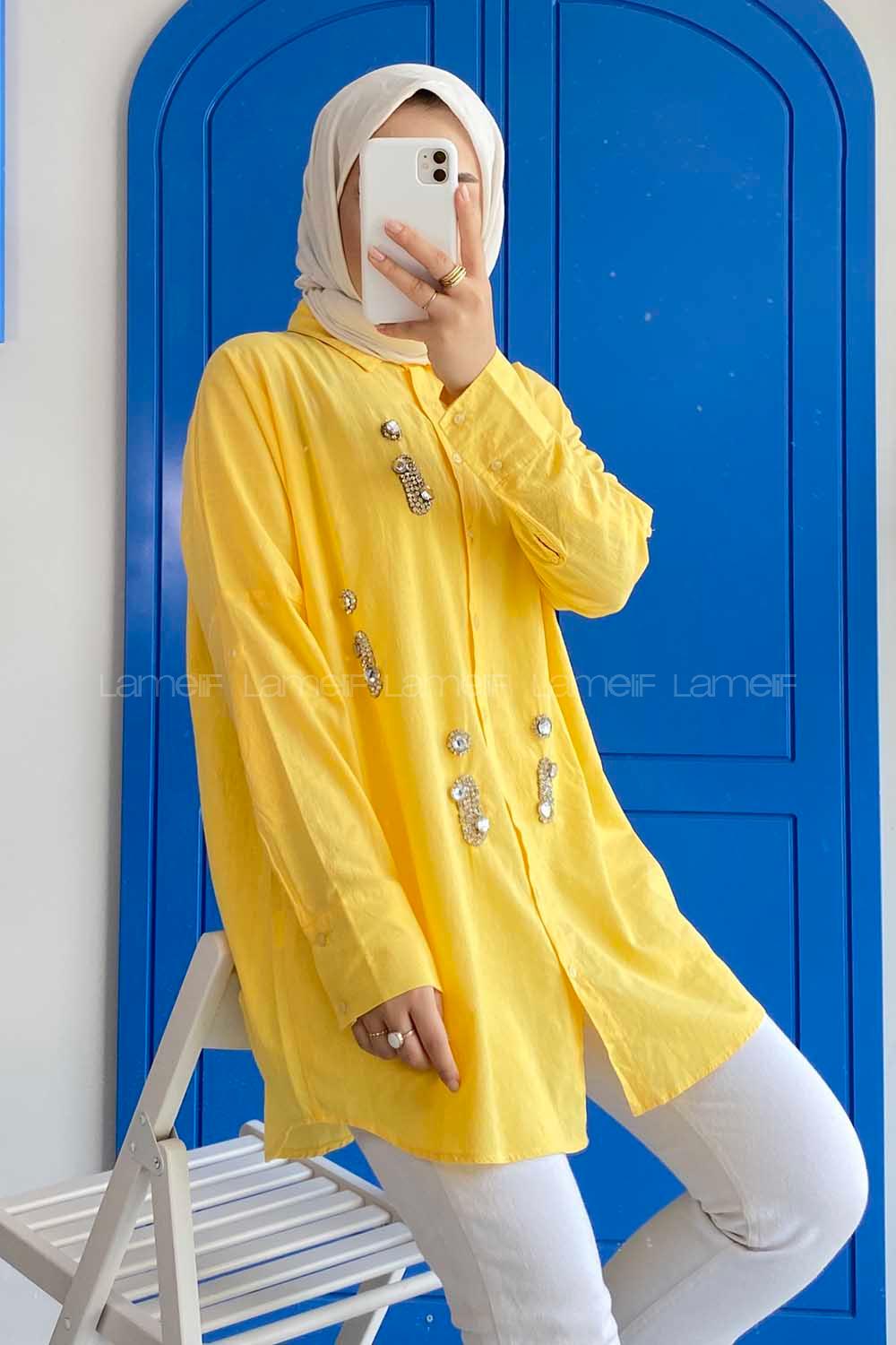Modalamelif Önü Boydan Düğmeli Taş Detaylı Gömlek Sarı