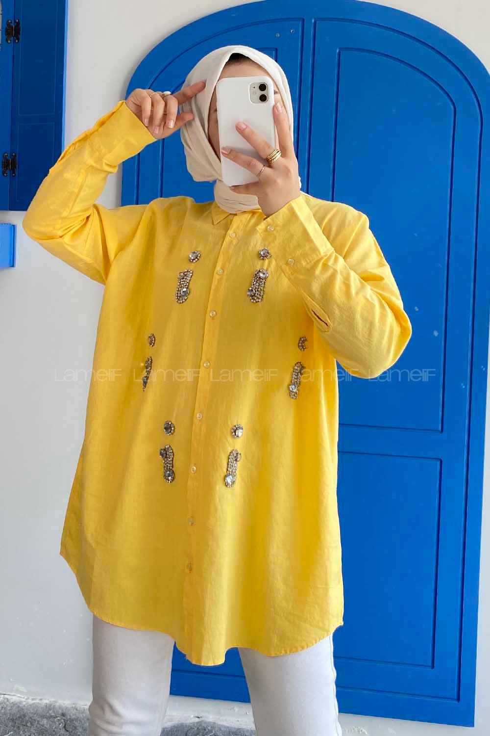 Modalamelif Önü Boydan Düğmeli Taş Detaylı Gömlek Sarı