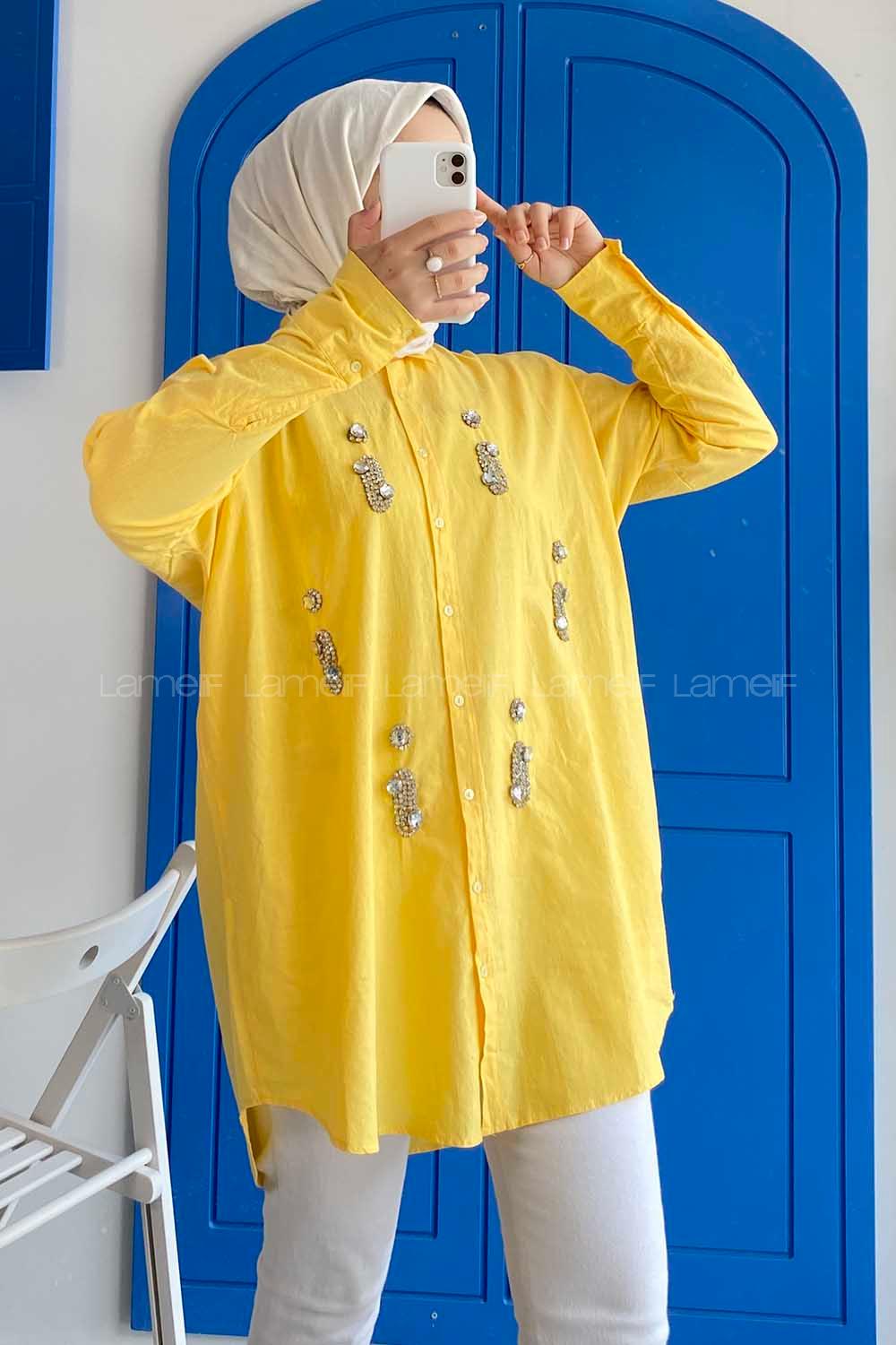 Modalamelif Önü Boydan Düğmeli Taş Detaylı Gömlek Sarı