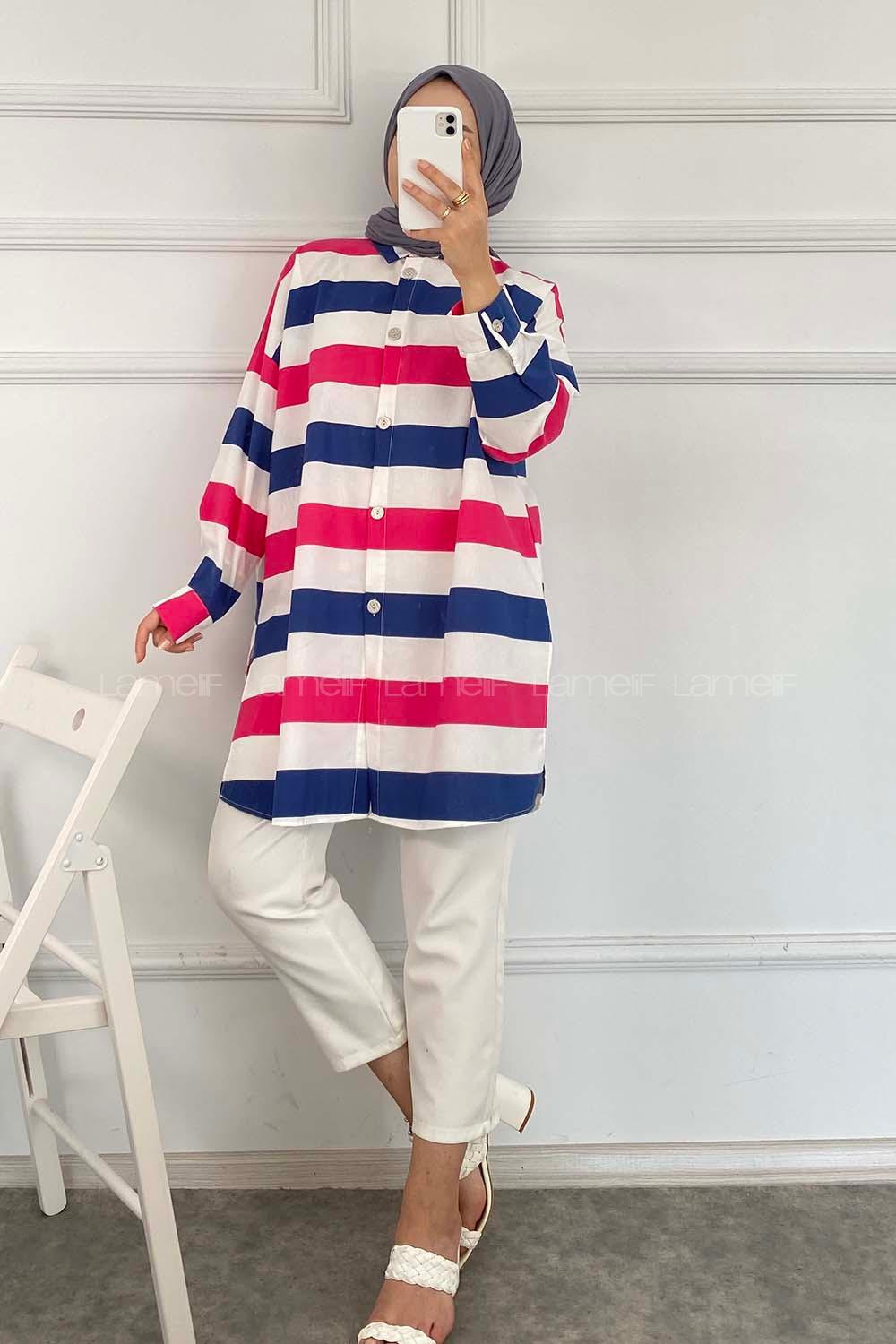 Modalamelif Önü Düğmeli Şerit Modelli Çokrenkli Tunik İndigo-Pembe