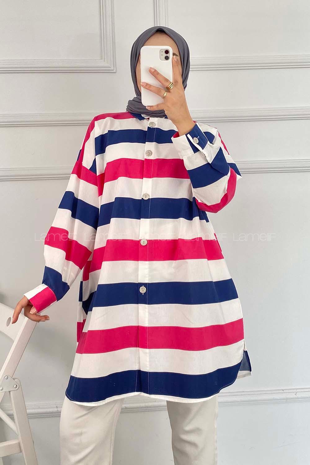 Modalamelif Önü Düğmeli Şerit Modelli Çokrenkli Tunik İndigo-Pembe