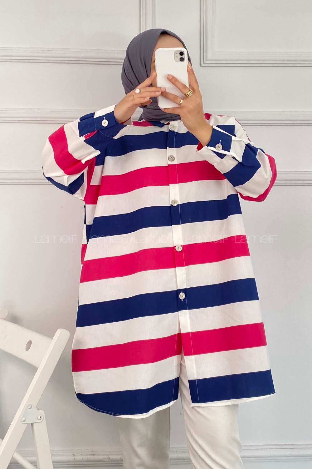 Modalamelif Önü Düğmeli Şerit Modelli Çokrenkli Tunik İndigo-Pembe