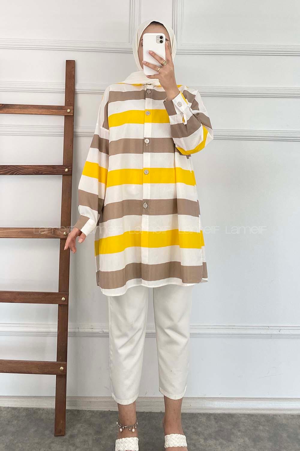 Modalamelif Önü Düğmeli Şerit Modelli Çokrenkli Tunik Kahverengi-Sarı