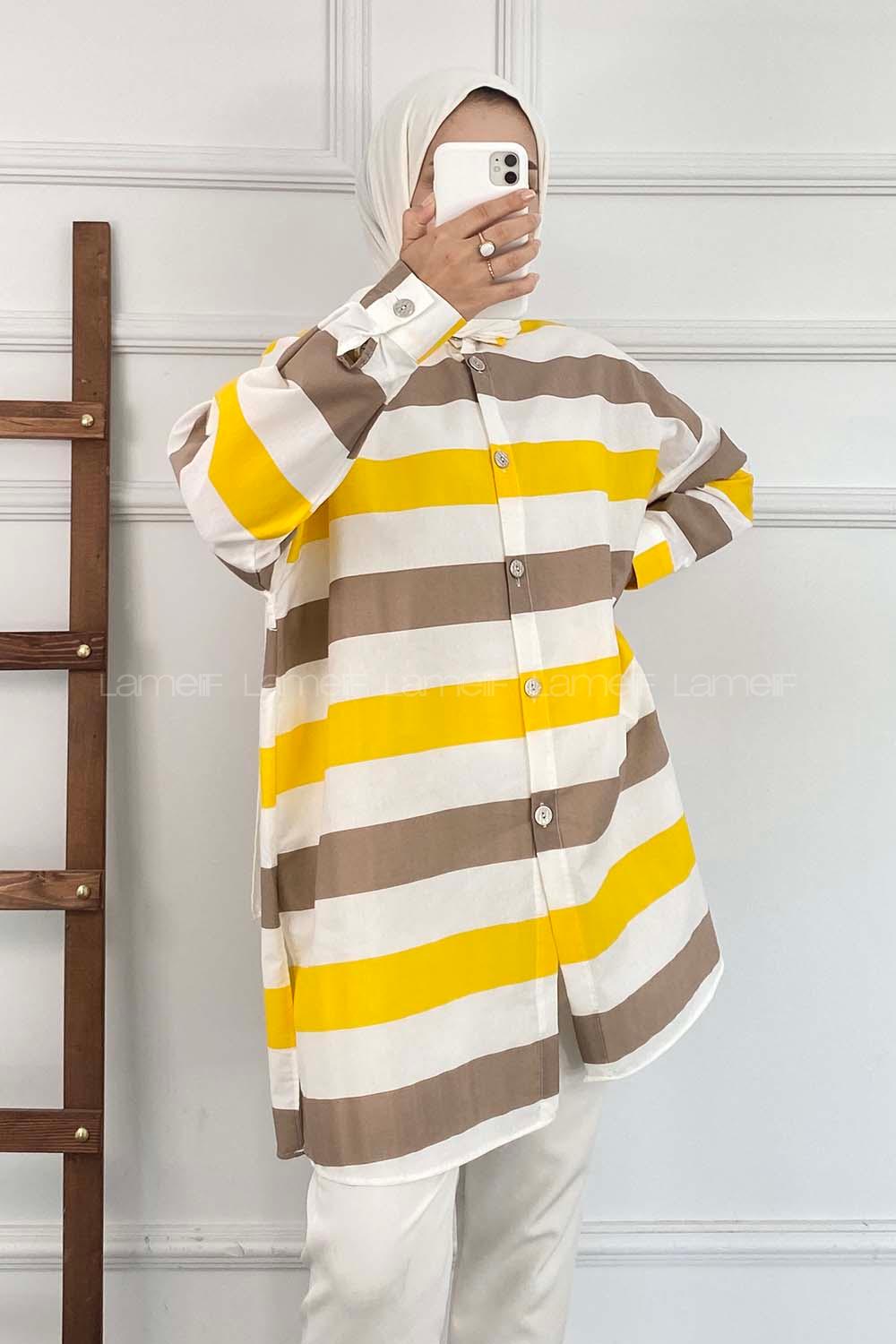 Modalamelif Önü Düğmeli Şerit Modelli Çokrenkli Tunik Kahverengi-Sarı