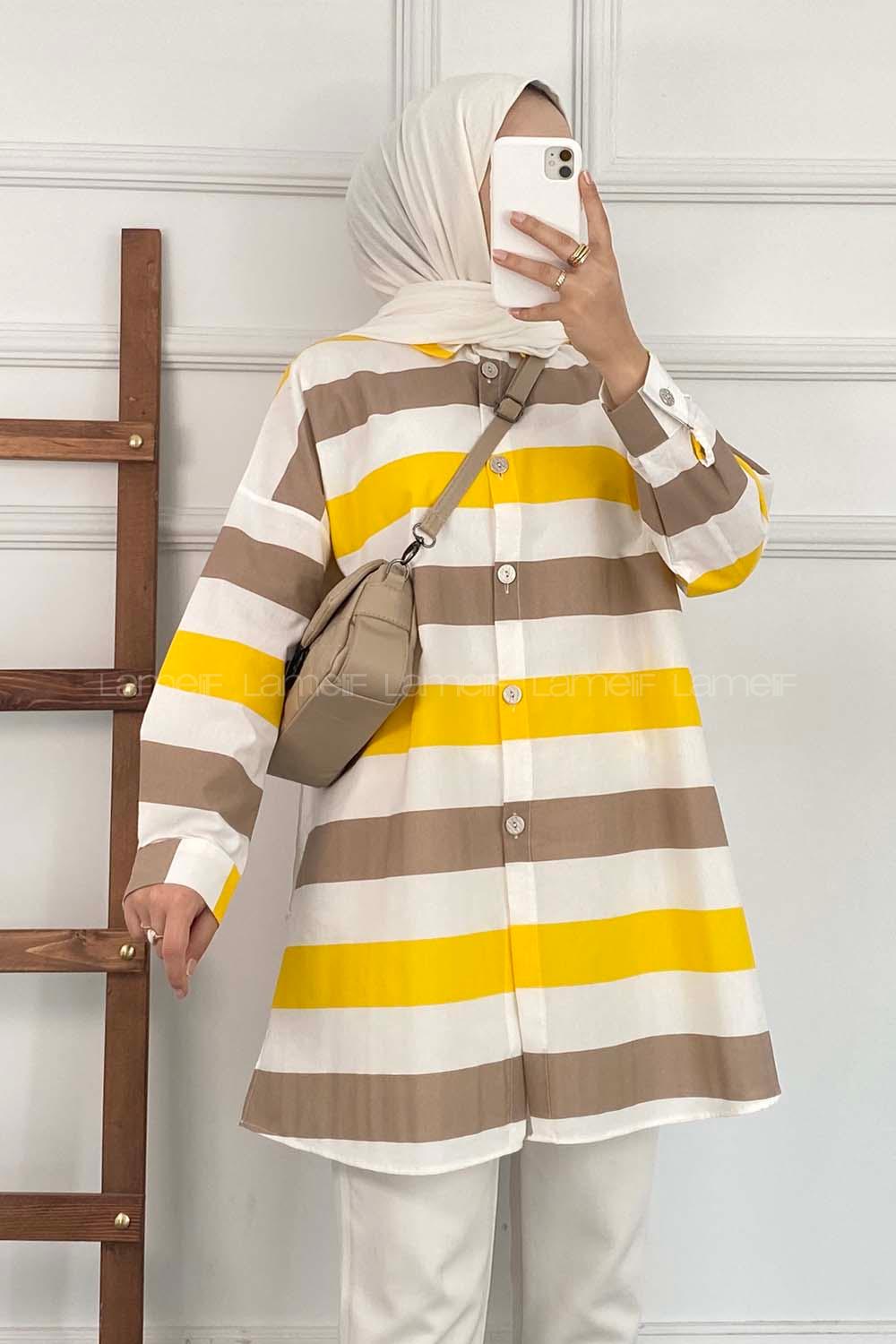 Modalamelif Önü Düğmeli Şerit Modelli Çokrenkli Tunik Kahverengi-Sarı