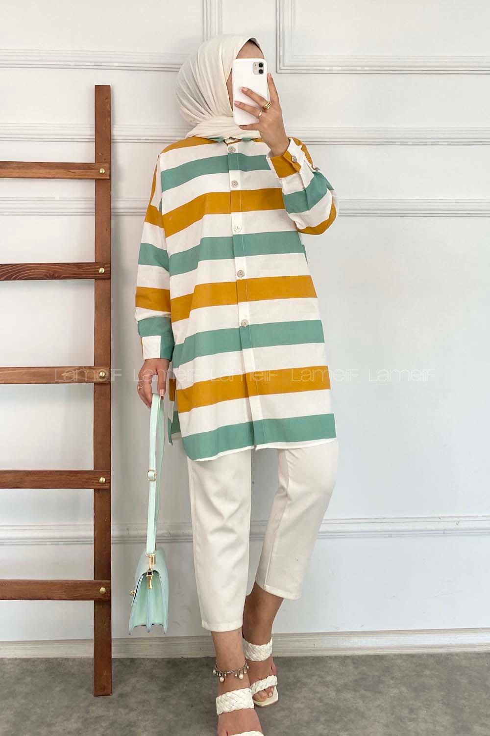 Modalamelif Önü Düğmeli Şerit Modelli Çokrenkli Tunik Turuncu-Çağla Yeşili