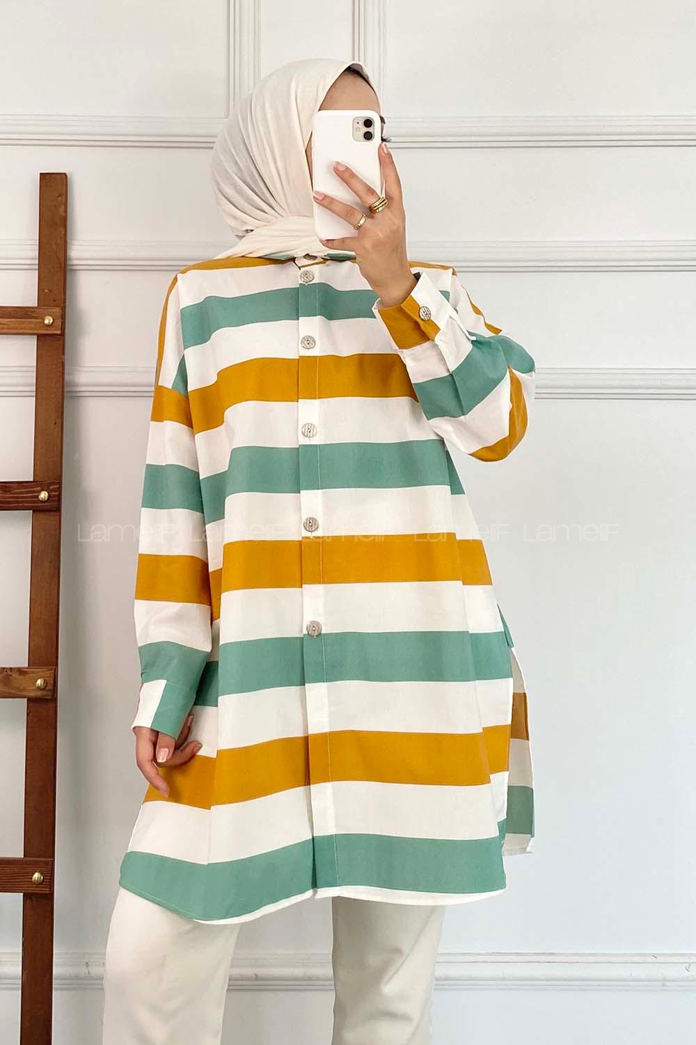 Modalamelif Önü Düğmeli Şerit Modelli Çokrenkli Tunik Turuncu-Çağla Yeşili