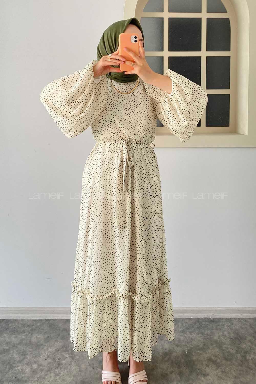 Modalamelif Puanlı Balon Kollu Şifon Elbise Krem