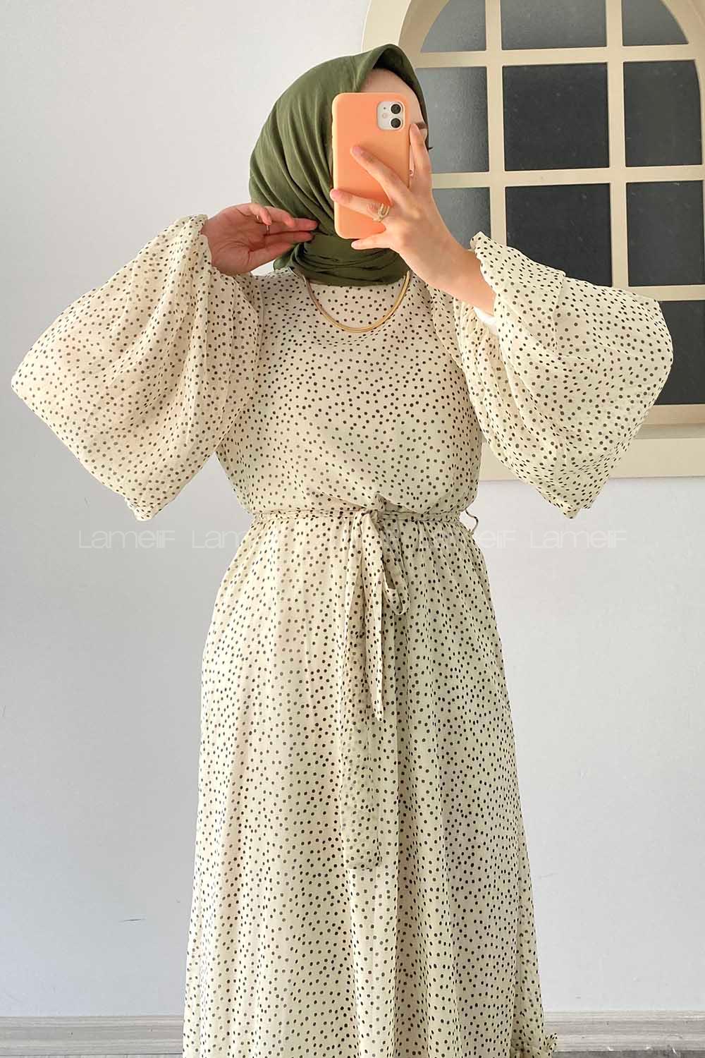 Modalamelif Puanlı Balon Kollu Şifon Elbise Krem