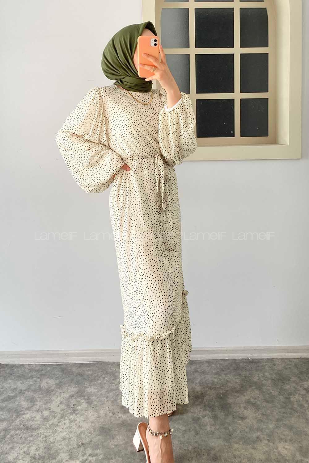 Modalamelif Puanlı Balon Kollu Şifon Elbise Krem