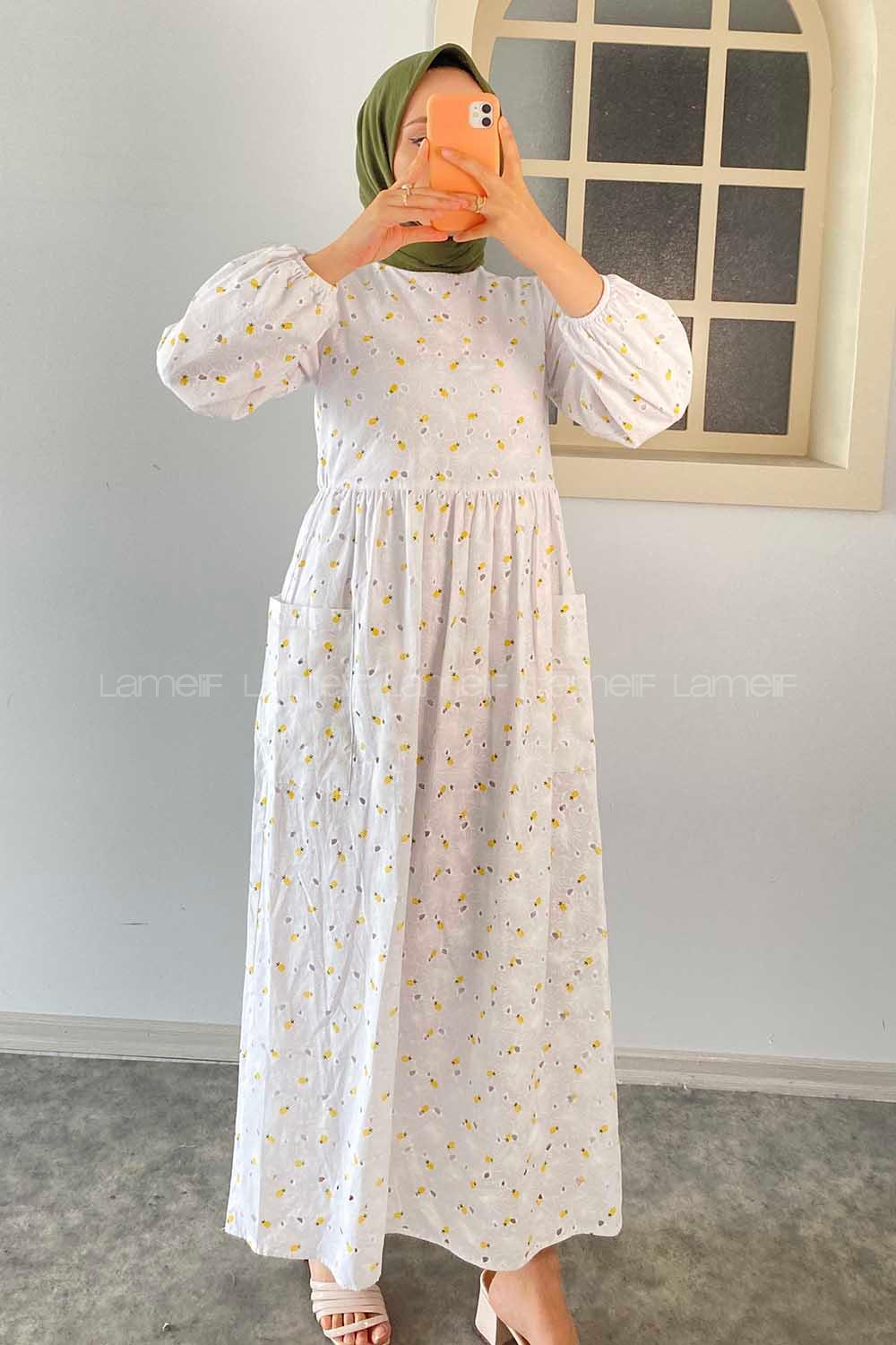 Modalamelif Yanları Cep Detaylı Ananas Modelli  Elbise Sarı