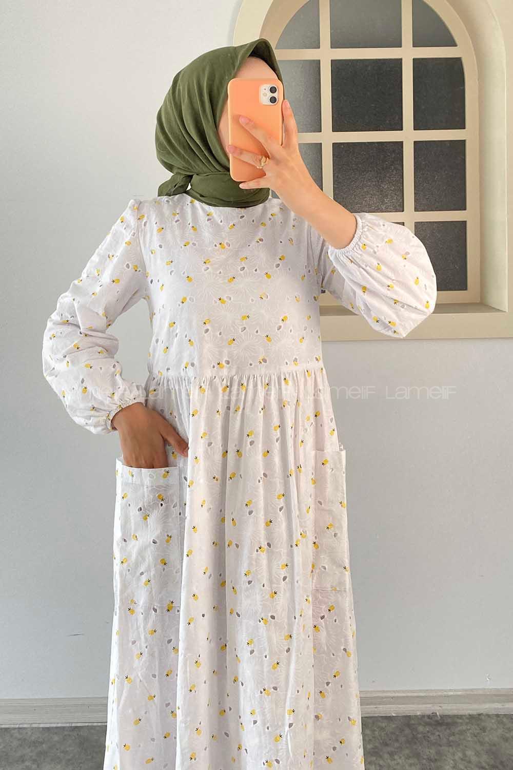 Modalamelif Yanları Cep Detaylı Ananas Modelli  Elbise Sarı