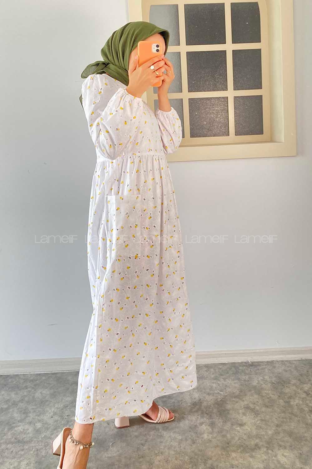 Modalamelif Yanları Cep Detaylı Ananas Modelli  Elbise Sarı