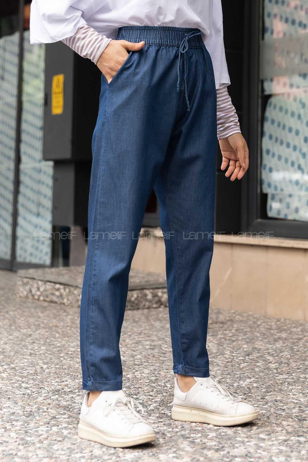 Modalamelif Beli Lastikli Salaş Pantolon Koyu Mavi