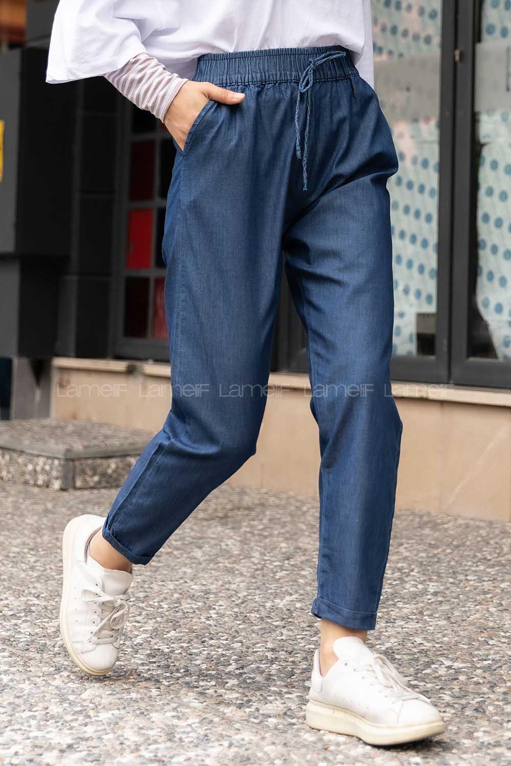 Modalamelif Beli Lastikli Salaş Pantolon Koyu Mavi