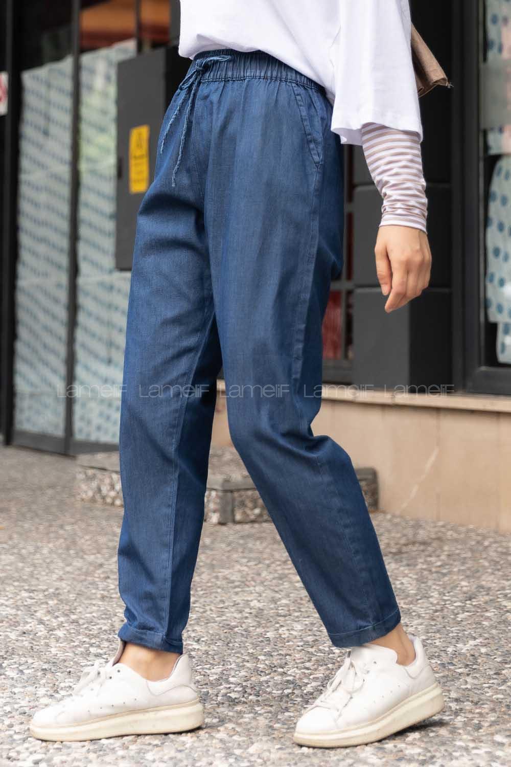 Modalamelif Beli Lastikli Salaş Pantolon Koyu Mavi