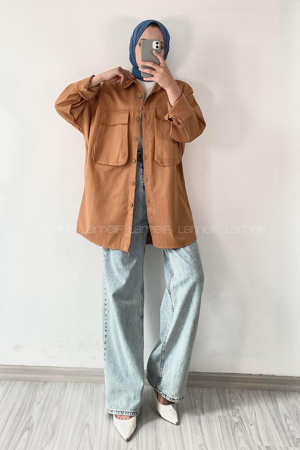 Lamelif Bombe Cepli Gabardin Gömlek Camel