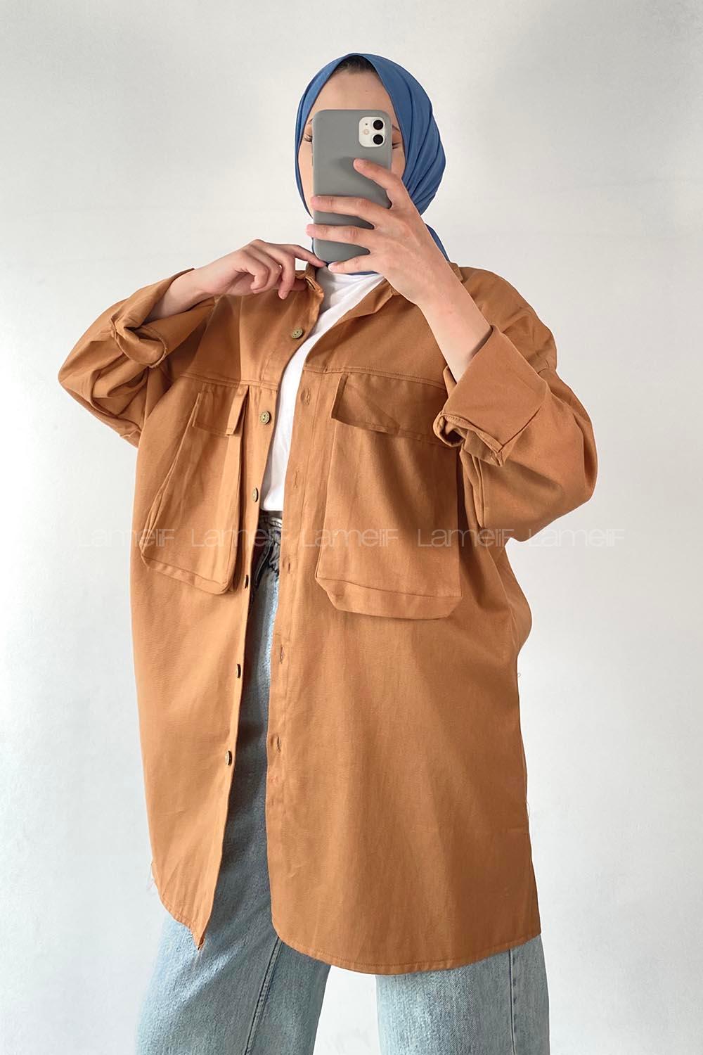 Lamelif Bombe Cepli Gabardin Gömlek Camel